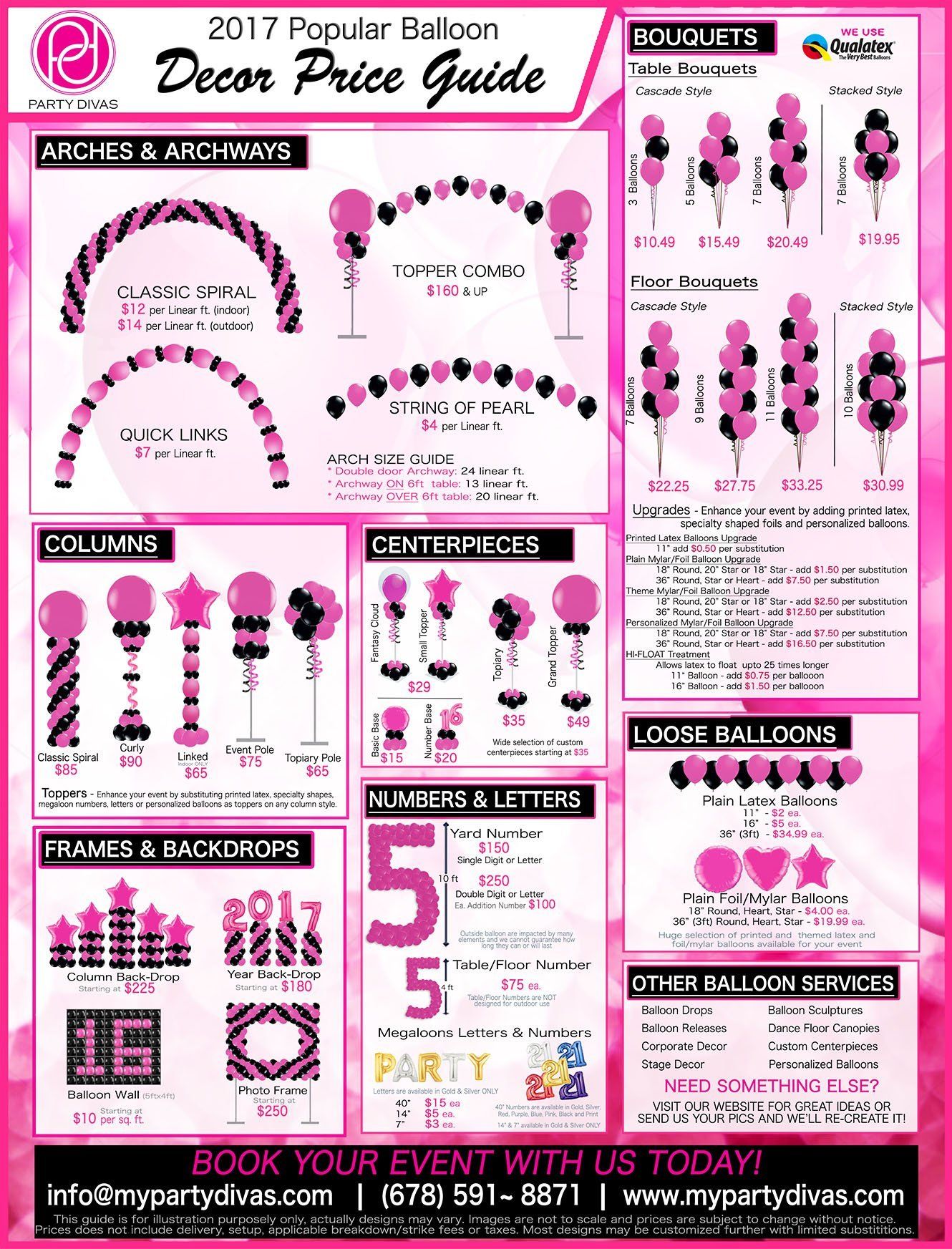 Balloon décor price guide chart showing arches bouquets columns and centerpiece options